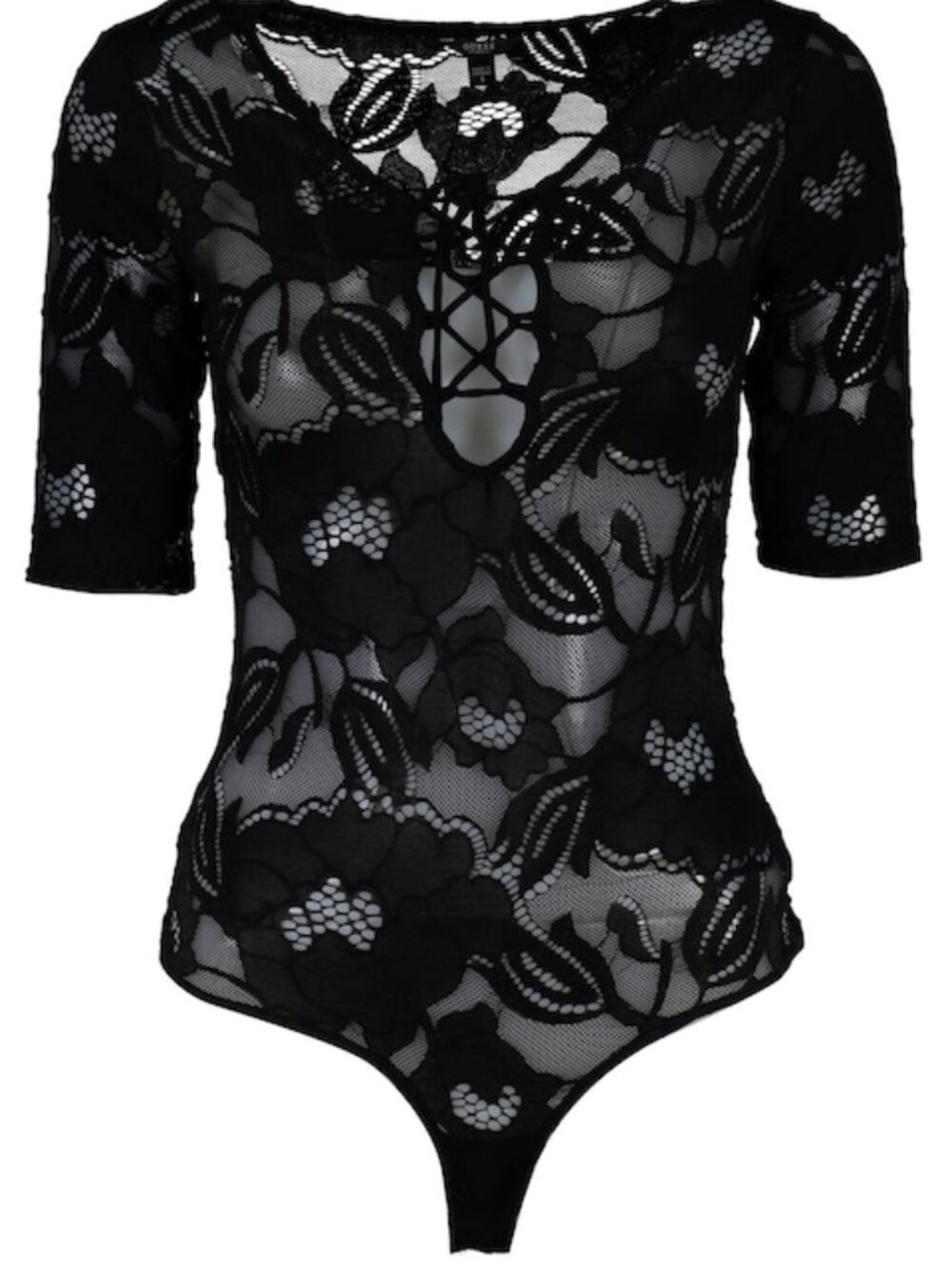 Guess Frida Lace Up Black Bodysuit Half Sleeve Mesh New